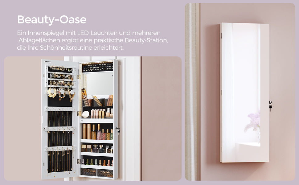 SONGMICS Jewelry Cabinet with LED Lighting, Mirror Cabinet, jewelry Organizer Wall Cabinet with Full-length Mirror