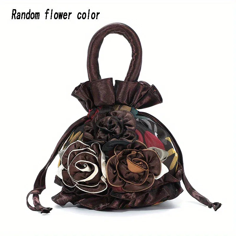 Floral Decor Drawstring Handbag, Trendy Small Evening Bag, Simple Phone Bag, Cute Bucket Bag