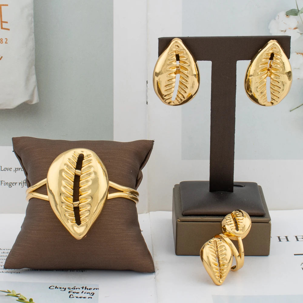 Jewelry Set Copper Women African Shell Shape Design Earrings Pendant Bracelet Ring Dubai Arab Turkis Jewelry