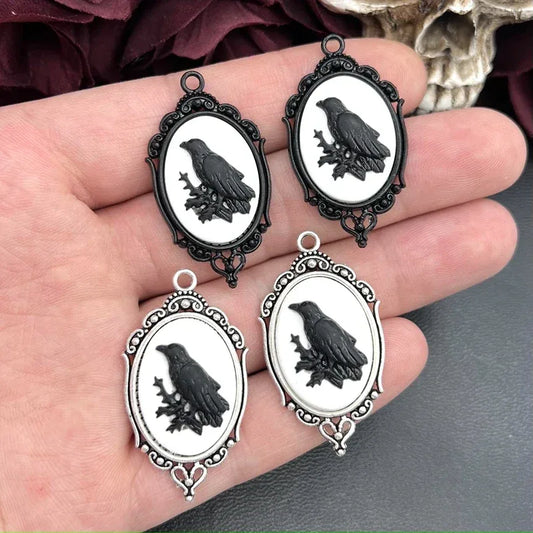 4pcs Gothic Black Crow Silver Plated Framed, Raven Relief Charms Halloween Witch Pendant Fit Jewelry Making DIY Jewelry Finding