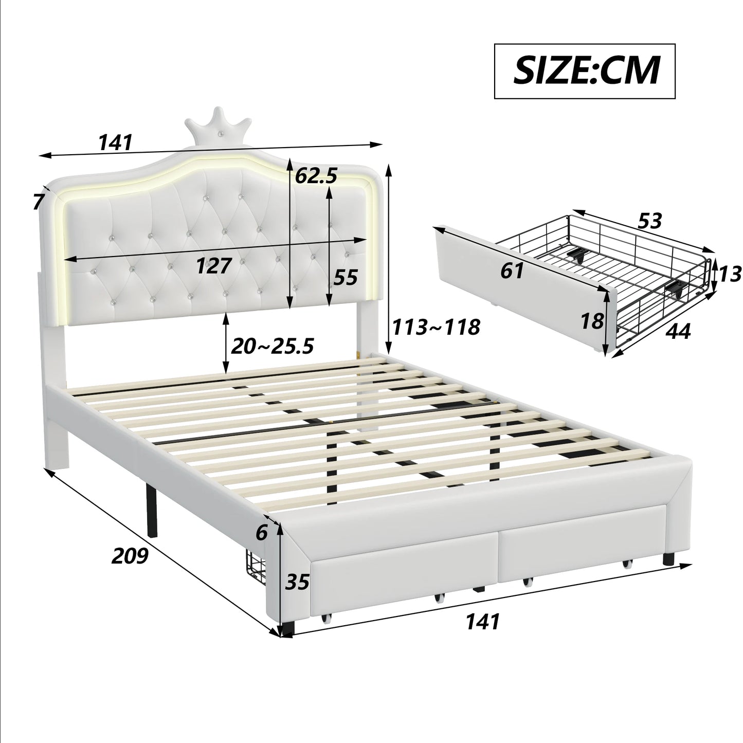 Rosahqnda Children bed Padded Single bed 90*200cm Double Bed 140*200cm girls bed Princesses bed Youth bed Frame PU