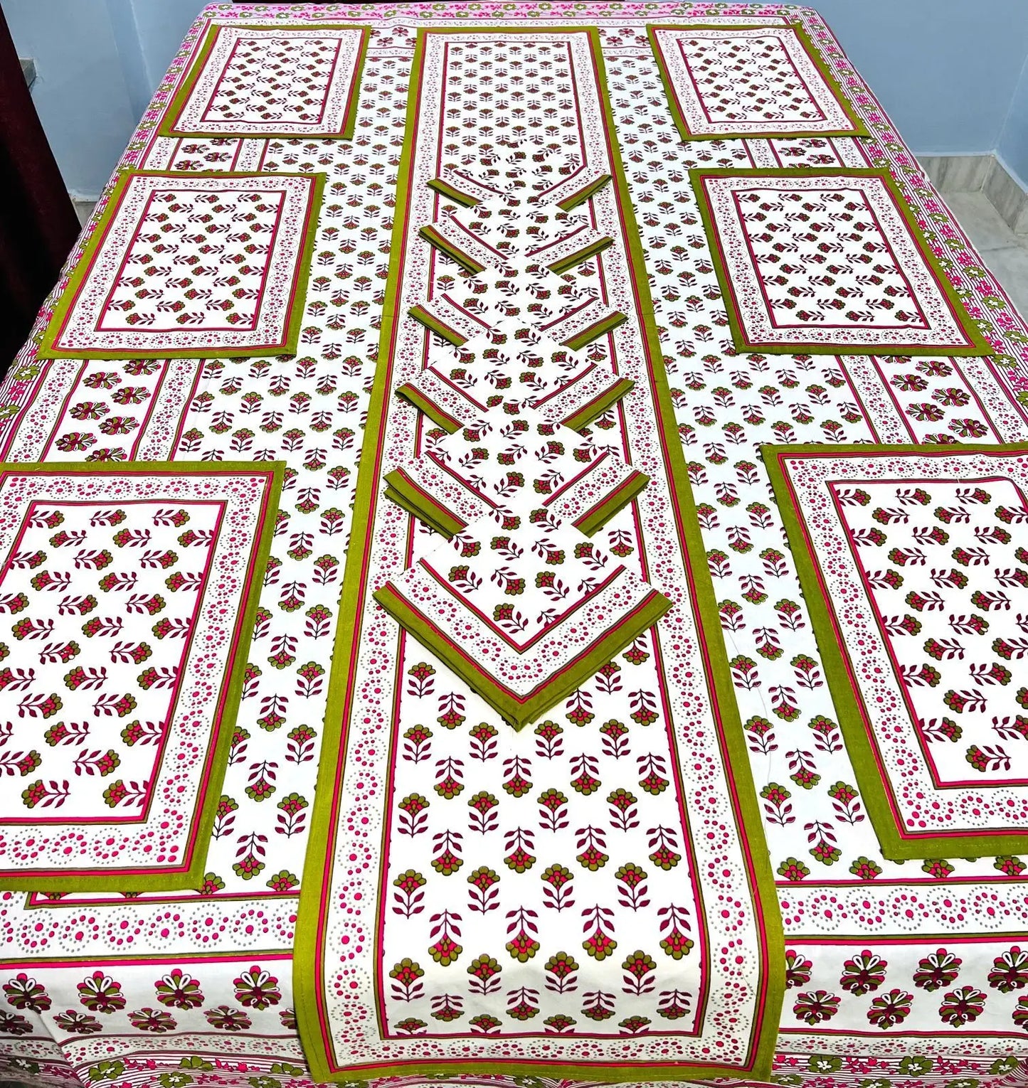 Custom Made Jaipuri Floral Print Dining Table Mats and Napkins Bamboo for 6 Seater in Different Designs & Colours