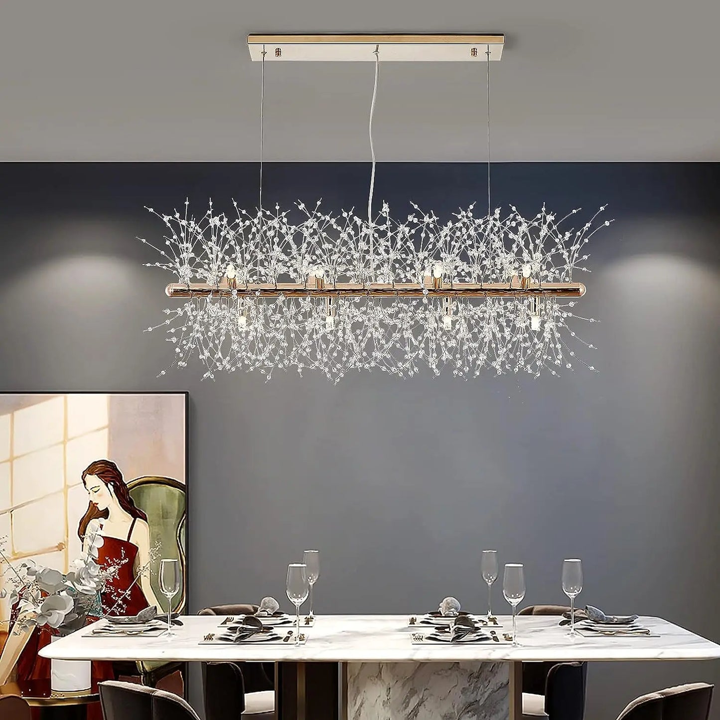 Crystal Firework Chandelier Wedding Lightweight Modern Dining Room Lighting Fixtures Hanging Gold Metal Ceiling Lights