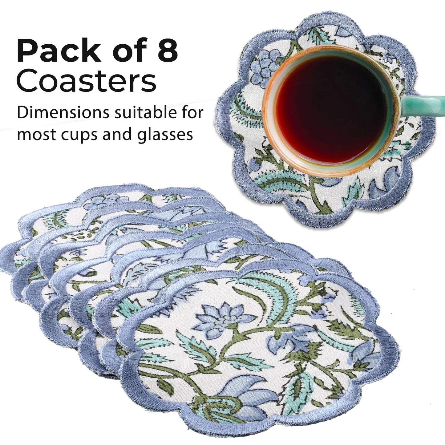 Ridhi Trending New Sky Blue Set of 8 Coasters Hand Block Printed & Embroidered Scallops Coasters for Drinks Wholesale Product