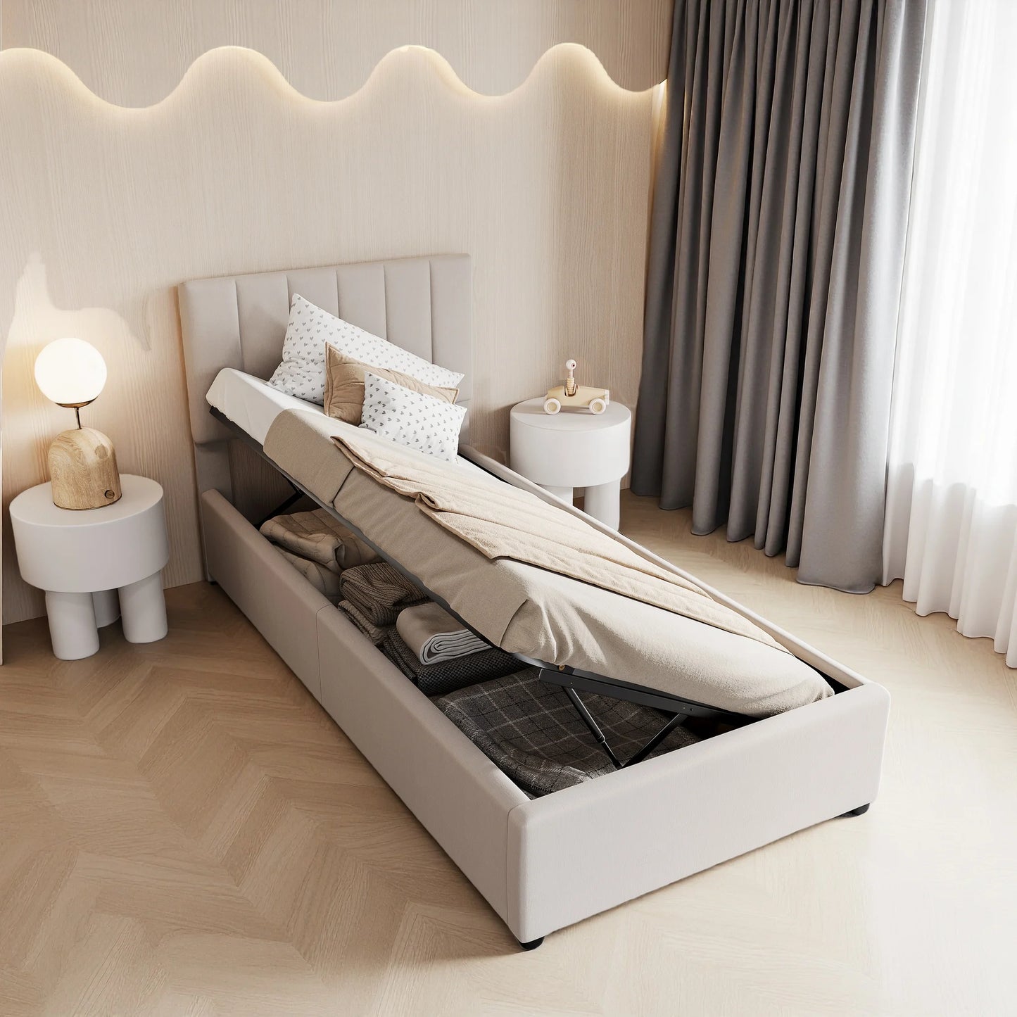 Upholstered bed 90x200 cm, hydraulic storage bed, single bed with storage and slatted frame, youth bed, box spring bed with bed box, functional bed, linen, without mattress, beige