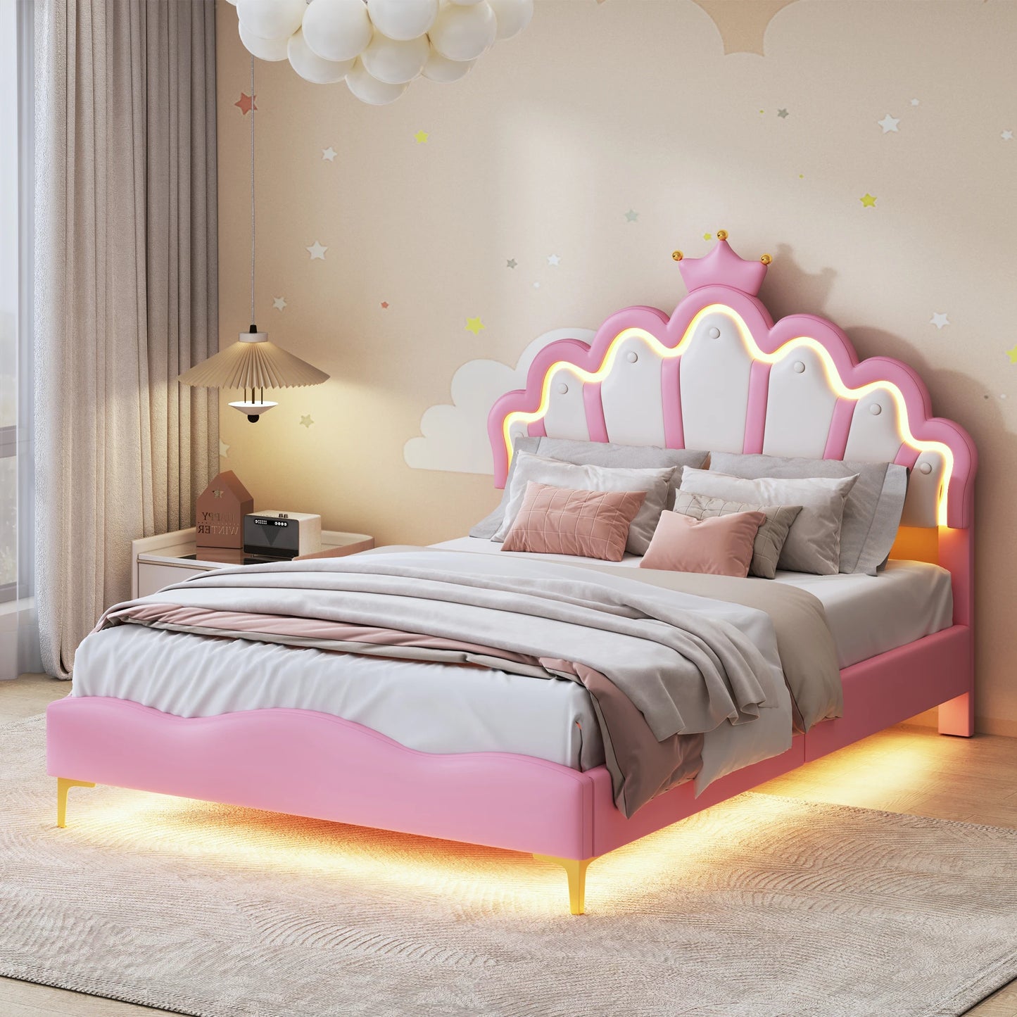 Comanlai Children's Bed 90x200cm with LED Light and Crown-shaped Headboard,Upholstered Bed with Slatted Frame,PU Leather,Pink