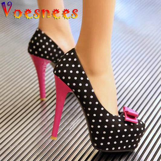 Voesnees New Sweet Bow Stiletto Pumps Polka Dot Pattern Comfortable Waterproof Platform Women Shoes 12CM High-Heel Single Shoes