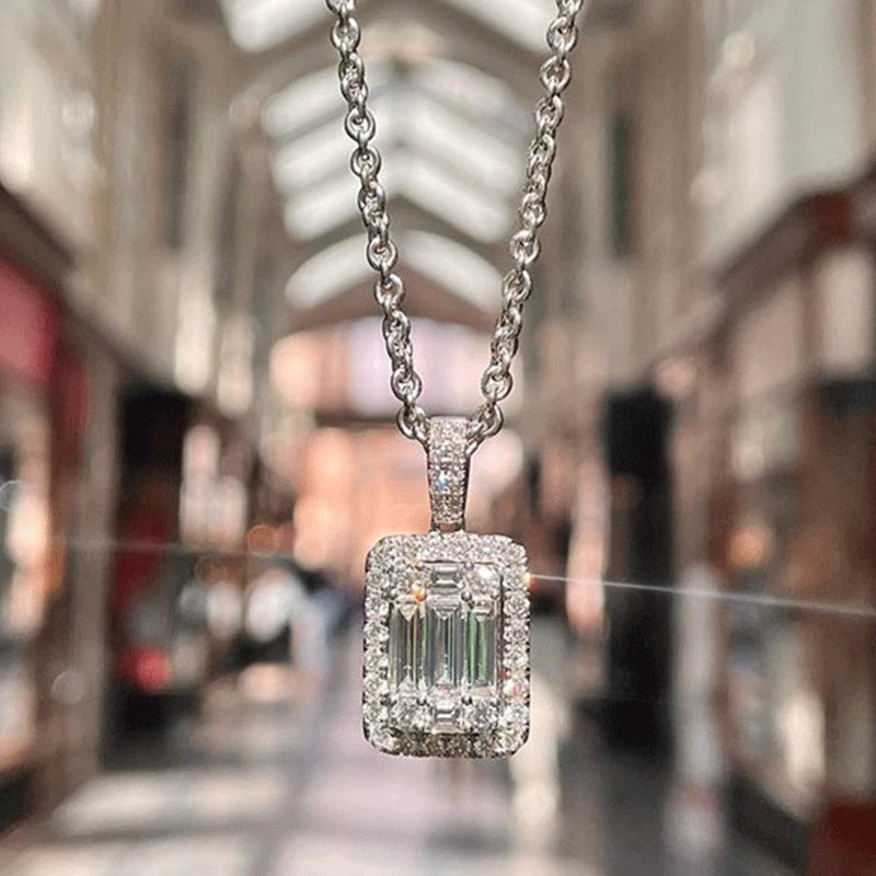 Diamond Pendant With Emerald Cut Center Stone In White Gold Luxury Style For Everyday Wear Unisex