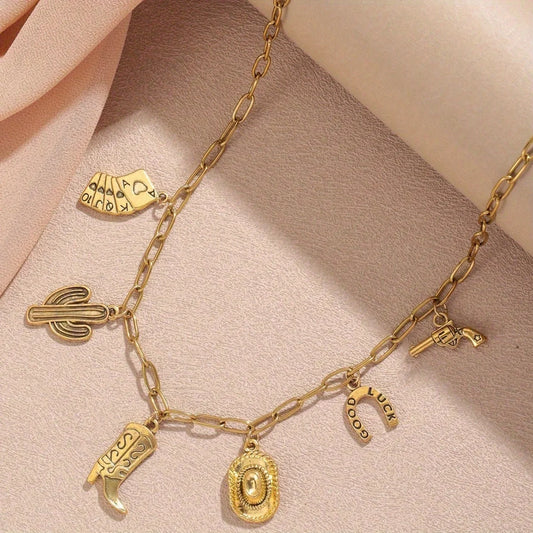 1 Stylish Vintage Western Cowboy Stainless Steel Necklace Rope Chain-Women's Party Jewelry Featuring Cowboy Boots Gun Pendant
