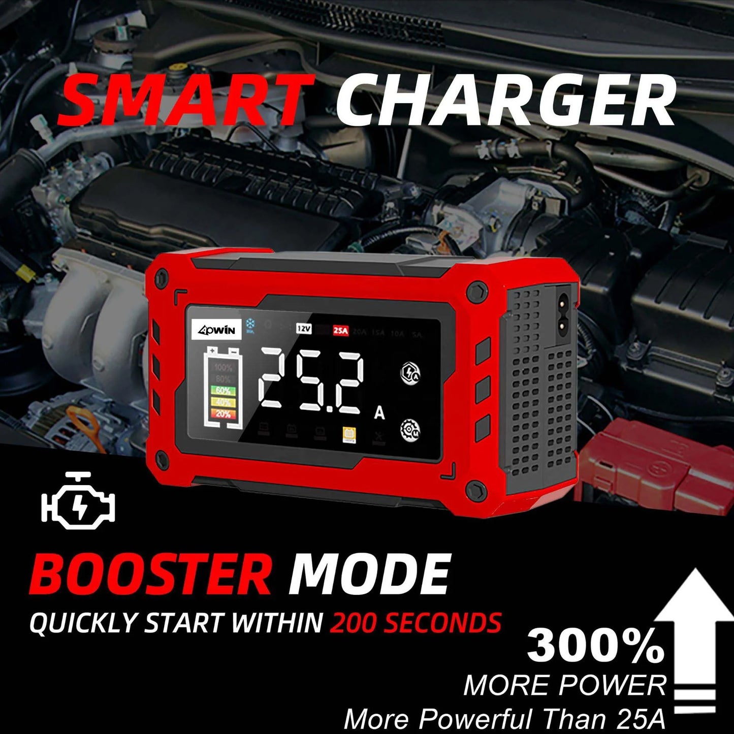 Automatic Universal Motorcycle Car Battery Charger 12V 24V 25A Adjustable Current 9-stage Battery Charger with Car Booster