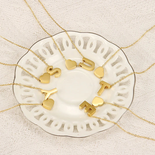 A-Z Alphabet Choker Personalized Style Tiny Heart with Initial Letter Necklace for Women 18K Gold Stainless Steel Jewelry