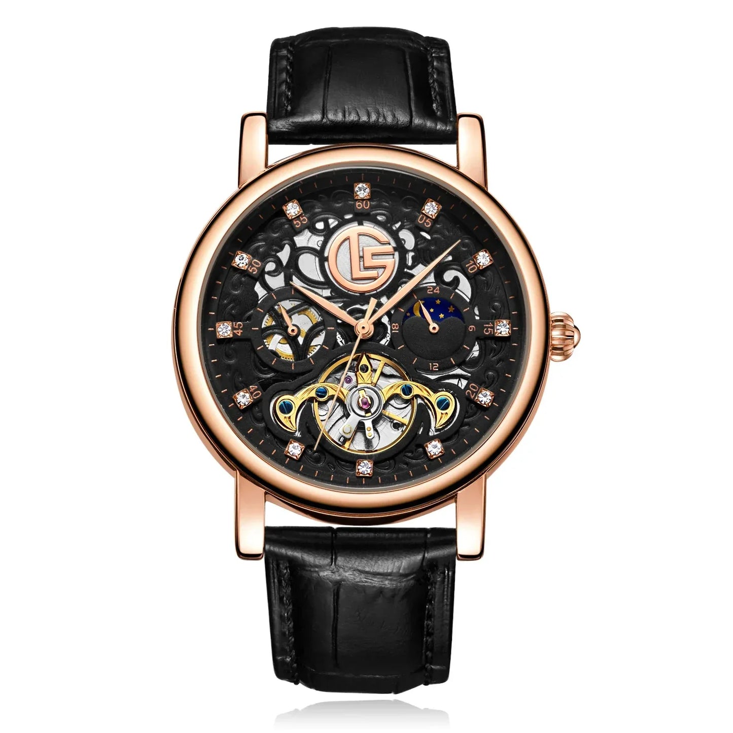 Tourbillon Watch for Men Mechanical Skeleton Mens Watches High Quality Luxury Engraved Vintage Moon Phase Leather Watch