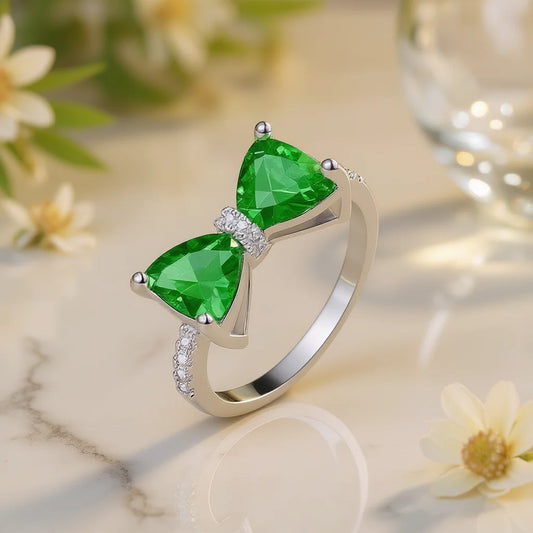 Glam Green Bowknot Gemstone Ring Women Lab Created Cubic Zirconia Trillion Cut Prong Setting Brass Copper Engagement May