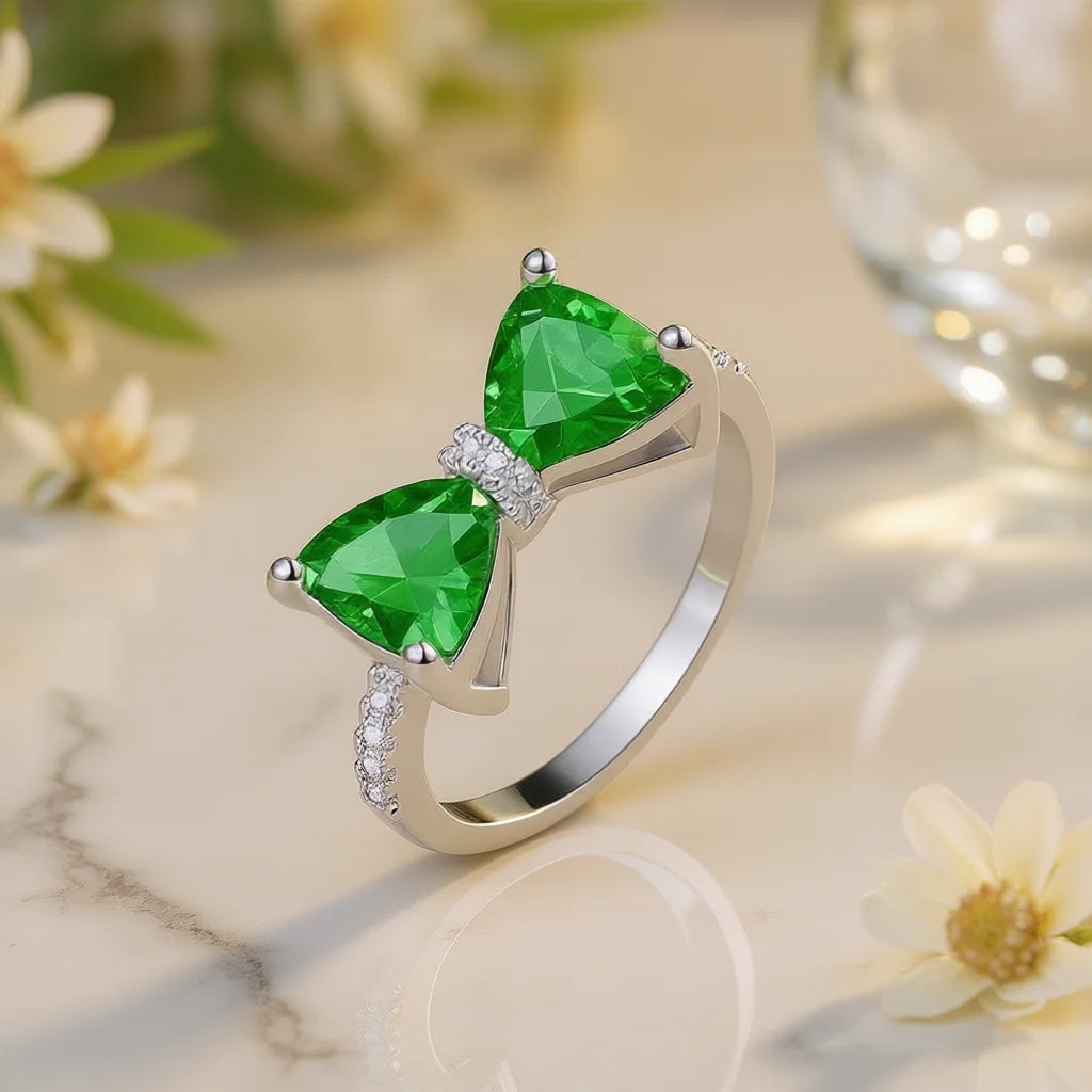 Glam Green Bowknot Gemstone Ring Women Lab Created Cubic Zirconia Trillion Cut Prong Setting Brass Copper Engagement May