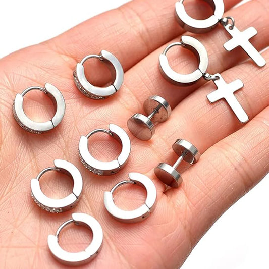 ZF 15 Pairs Stainless Steel Dangle Hinged Hoop Huggie CZ Stud Earrings Set for Men Women Piercing Jewelry Silver Black Gold Tone