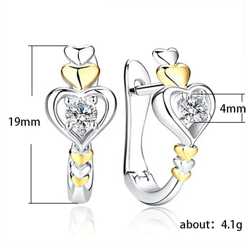 Romantic Two-tone Heart Stud Earrings 925 Silver 18K Gold Plated Round Crystal Rhinestone Wedding Jewelry For Women