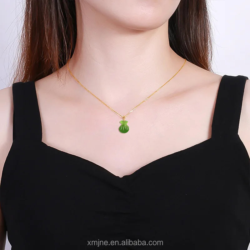 Certified Grade a Natural Spinach Green Hotan Jade Green Jade Lucky Bag Money 18K Gold Inlaid Jade Necklace Pendant Lady