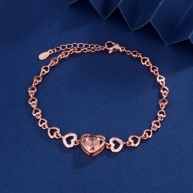 Dropship Jewelry Personalized Custom Photo Projection Heart-shaped Bracelet Titanium Steel Gold Plated Zircon Bracelet