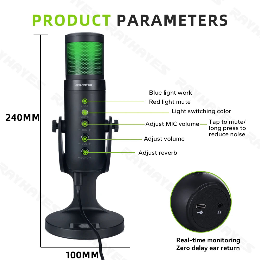 RAYHAYES JI-M90 RGB USB Microphone Condenser Gaming Mic for PC Phone Online Teaching Meeting Livestreaming