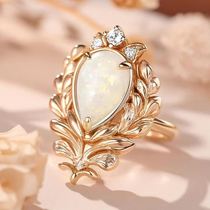 Elegant Opal Cocktail Ring For Women Natural Pear Stone Prong Setting Plant Pattern Wedding Fashion Jewelry A013