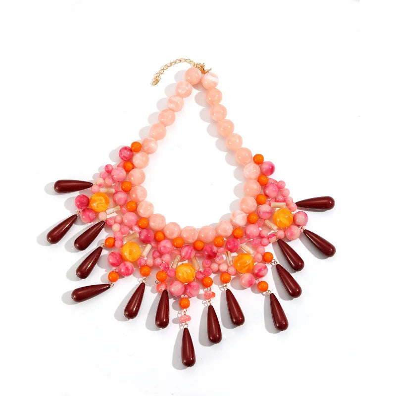 1pc Exaggerated Multi-layered Water Drop Shaped Handmade Beaded Beach Resort Style High-end Gradient Color Collarbone Necklace