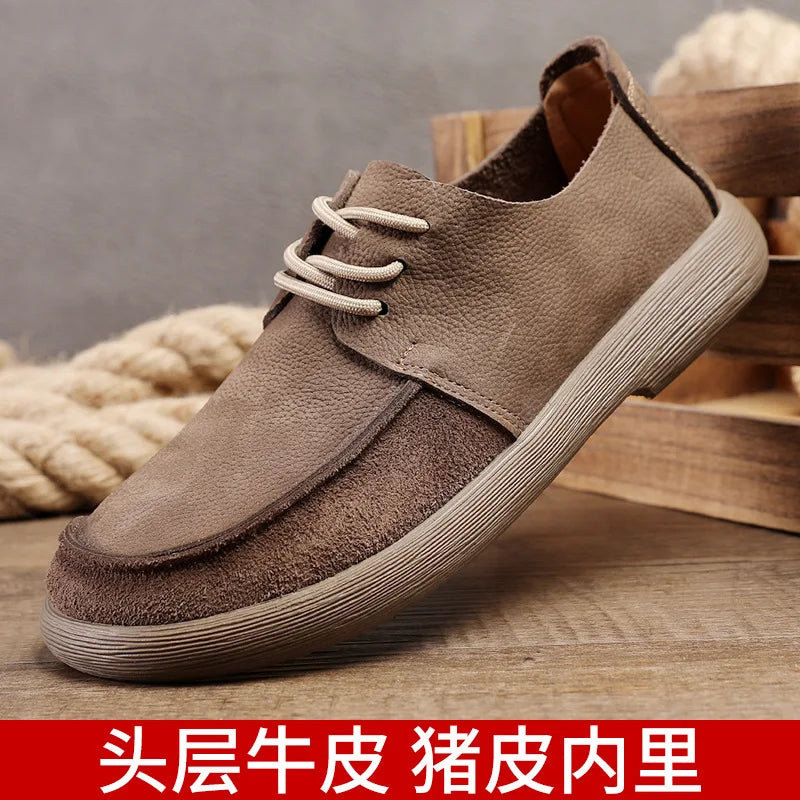 Toe Men's Genuine Leather Shoes Lace-up Breathable Retro Walking Style Casual Rubber Outsole Solid Pattern Cow Leather Upper