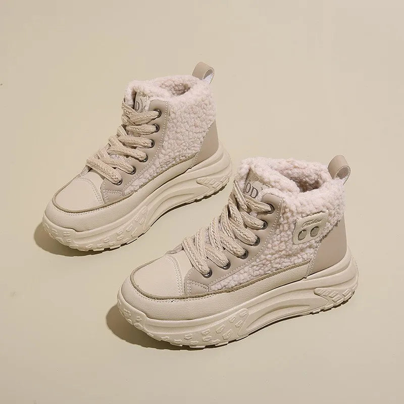 Winter Velvet High Top Shoes for Women Versatile Thickened Warm Cotton Shoes Thick Soled Height Increasing and Leisure Shoes