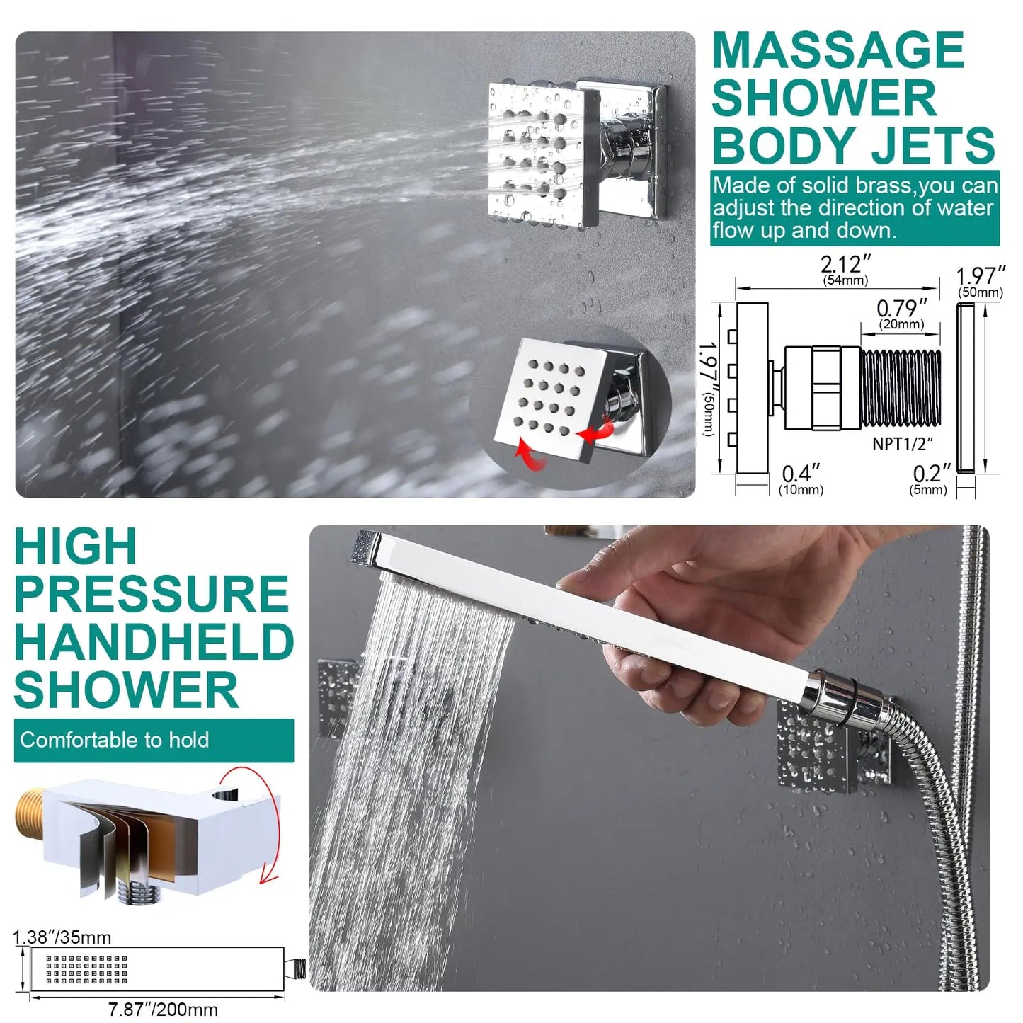 Shower System with Rain Shower and Handheld, 6 Pcs Body Jets with Rainfall and 6 Pcs Shower Heads
