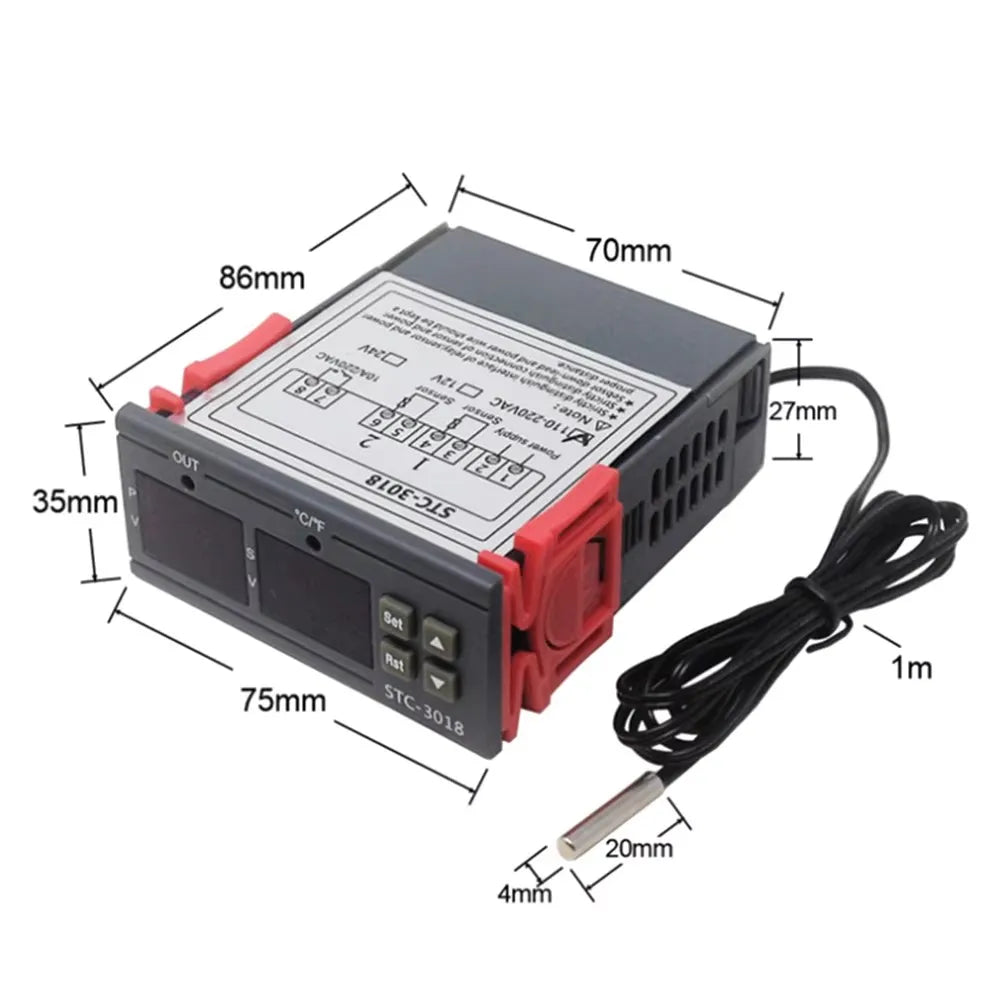 STC-3018 Digital LED Display Thermostat Temperature Controller, Dual Display, Heating/Cooling Thermoregulator NTC Sensor Probe