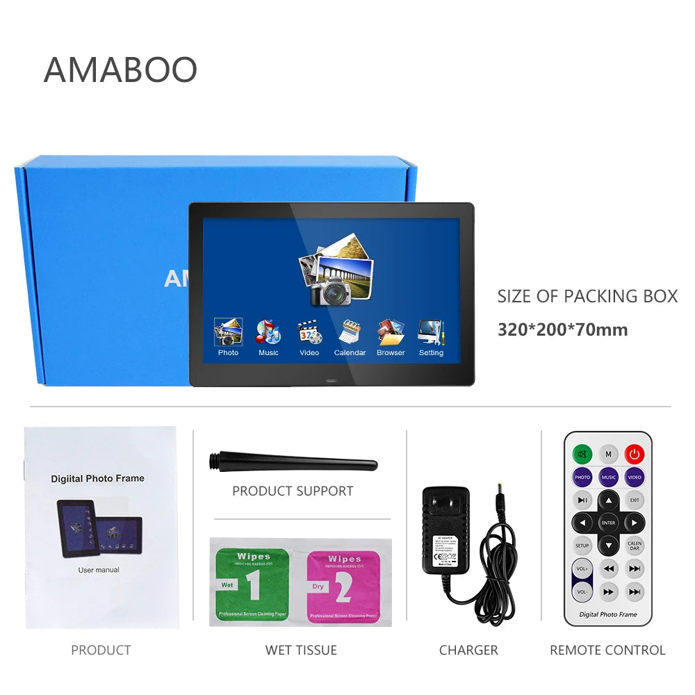 AMABOO 10.1 Inch WiFi Digital Photo Frame with LCD Screen Clock Video Playback Touchscreen