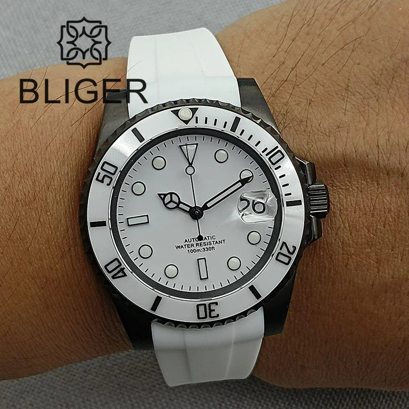 BLIGER 40mm NH35A Automatic Watch for Men White Ceramic Bezel Black Case Green Luminous Date Magnified Rubber Strap