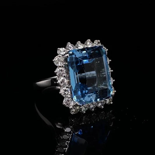 Women's Party Cocktail Ring Gemstones Natural Aquamarine Emerald Cut Pave Setting Glam Fashion Geometric Design by PDG ibma