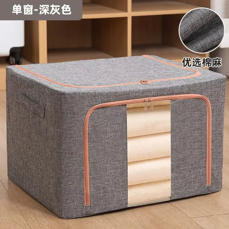 Foldable Clothes Storage Box Capacity Stackable Storage Bag with Metal Frame Dustproof Storage Box with Zipper for Home Room