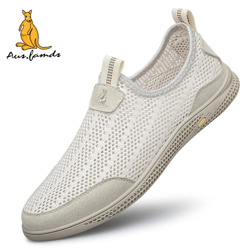 Lightweight Men's Kangaroo Logo Pigskin Leather Casual Sport Slip-On Running Shoes Breathable Soft Fabric Summer Walking Sandals