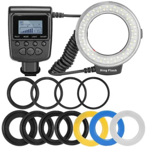 RF-550D 48pcs Macro LED Ring Flash Bundle with 8 Adapter Ring for Canon Nikon Pentax Olympus Panasonic DSLR Camera Flash HD 130