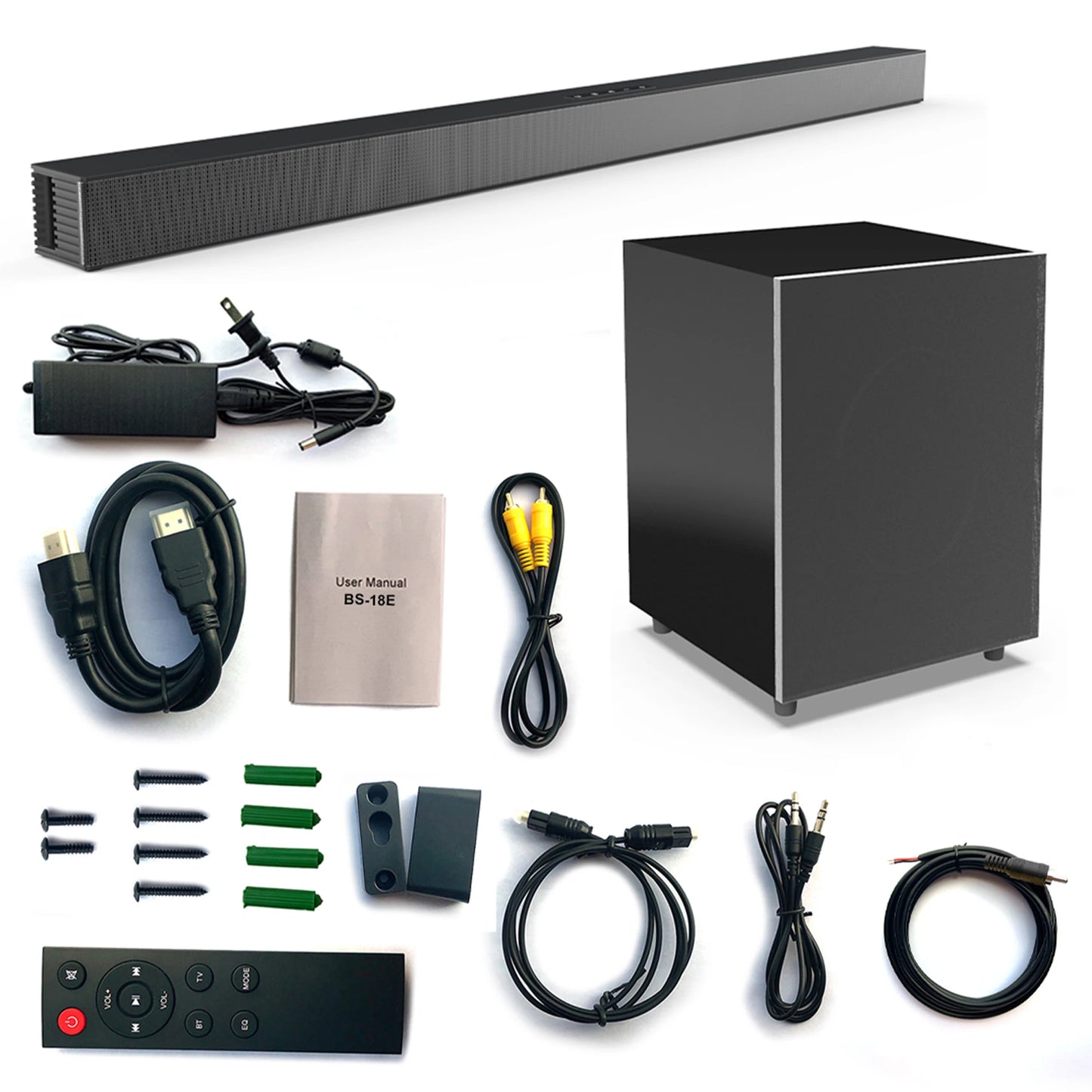 BS-18E Home Horizontal Theater System LCD TV Soundbar Subwoofer Box Aux/USB/Optical/Coaxial/RCA Durable Plastic Soundbar Pc