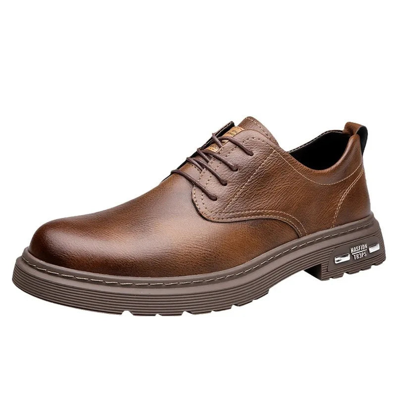 Men's British Style Leather Loafers Round Toe Anti Slip Rubber Sole Spring Casual Dress Shoes