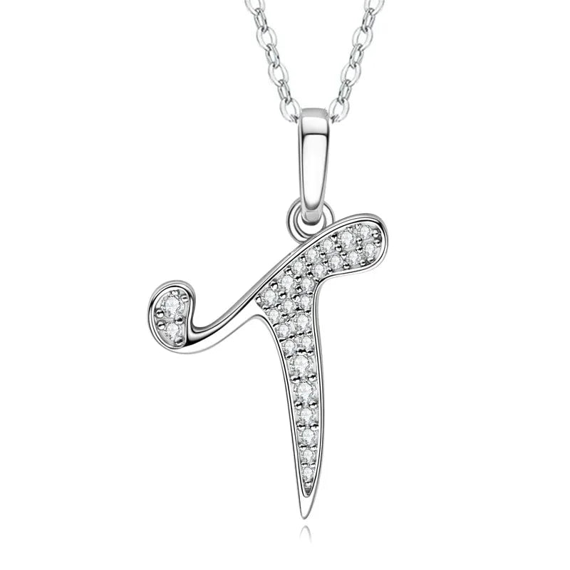 Silver Letter T Pendant Necklace Rhodium Plated Crystal Inlay Box Chain Classic Style Unisex Everyday Wear