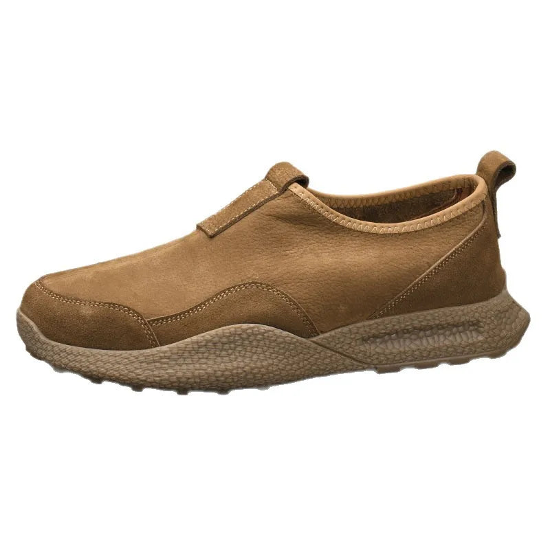 Men Slip-On Retro Shoes Genuine Cow Leather Round Toe Mesh Lining Rubber Outsole Breathable Walking Style Shoes