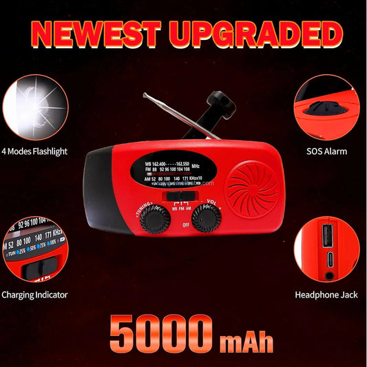 2000mAh / 5000mAh Portable Survival Crank Radio with 4 Modes Flashlight and Earphone Jack NOAA/FM/AM Solar Radios SOS Features by PDG ibma