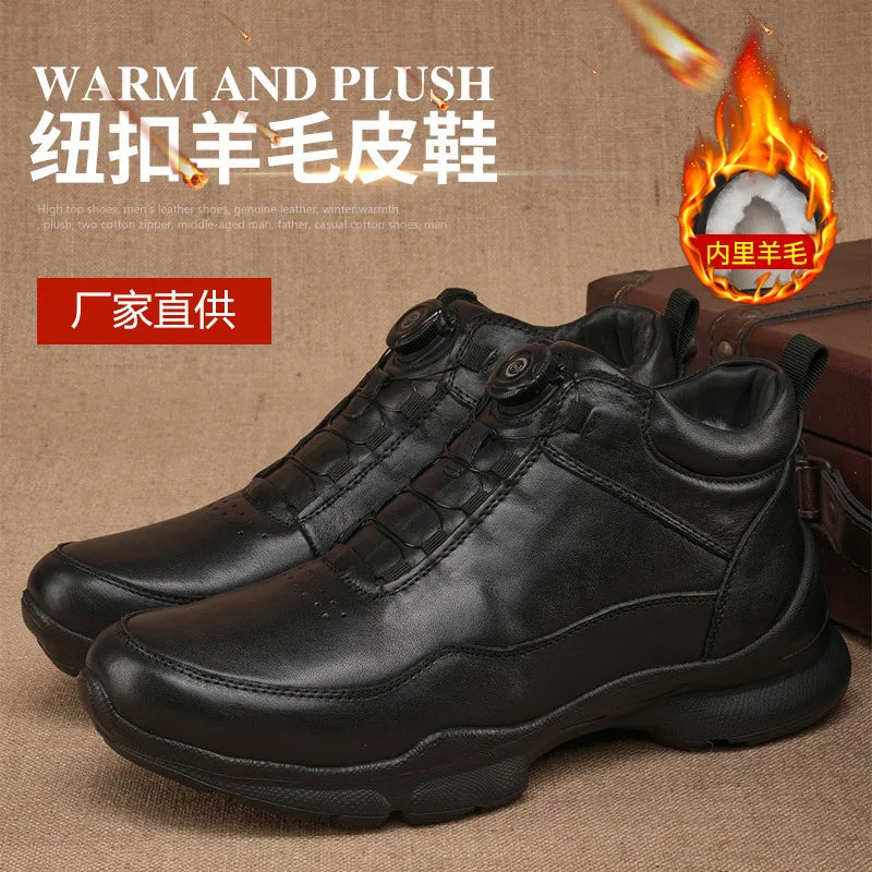 Men's Cow Leather Walking Shoes Solid Round Toe Low Heel Plush Lining Insulative Buckle Design Autumn Winter Fashion Casual