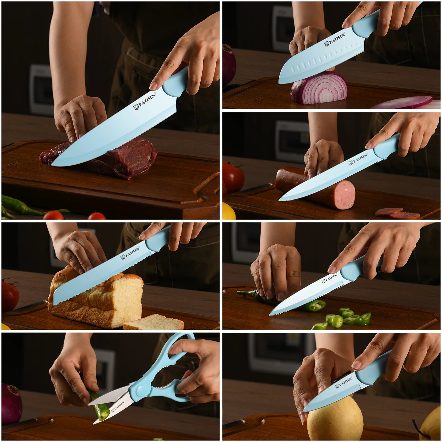 Full Blue 13 Piece Multifunctional Chef Knives Carbon Steel Kitchen Knife Set with Scissors