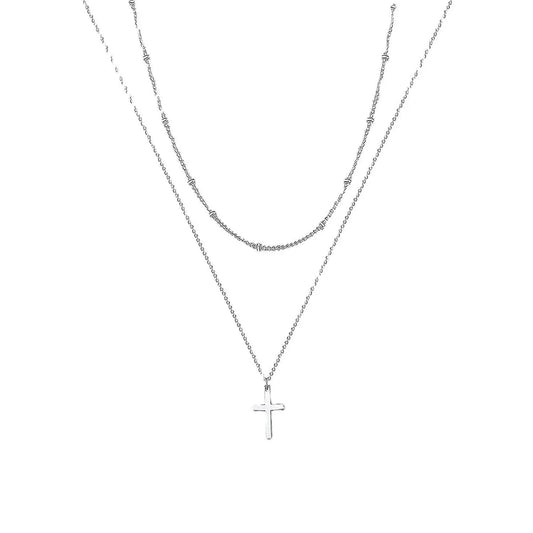Simple Stainless Steel Cross Chain Clip Bead Necklace Stainless Steel Double Layer Cross Multi-Layer Necklace Women