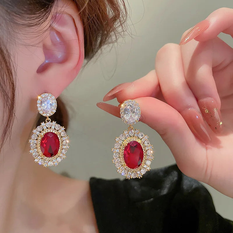 Plbaca Gold Plated Drop Earrings With Red Zircon And Crystal Rhinestone Bezel Setting For Women Party Classic Style