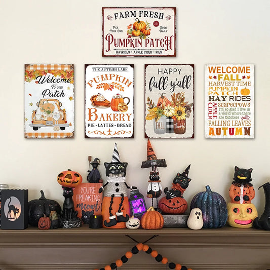 Vintage Fall Pumpkin Patch Metal Signs Set Retro Autumn Harvest Wall Decor For Farmhouse Kitchen Home Decor