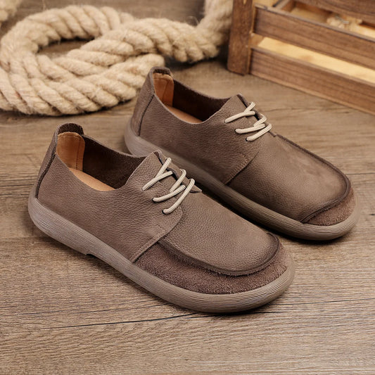 Toe Men's Genuine Leather Shoes Lace-up Breathable Retro Walking Style Casual Rubber Outsole Solid Pattern Cow Leather Upper by PDG ibma