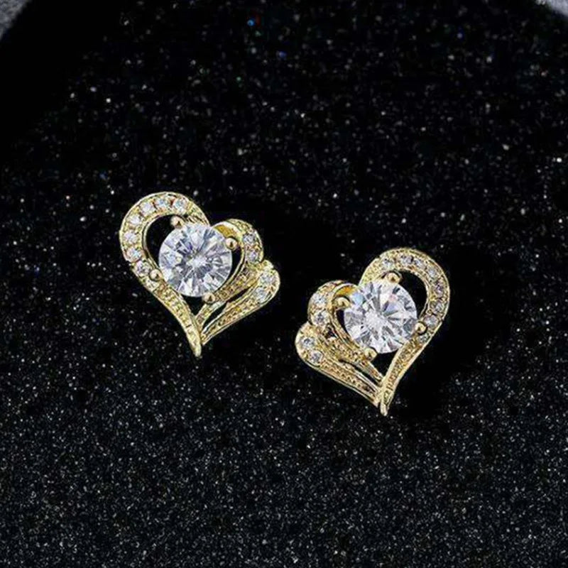 E1233 Gold Heart Stud Earrings With Round Zircon Claw Setting For Women Romantic Fashion Jewelry Gift