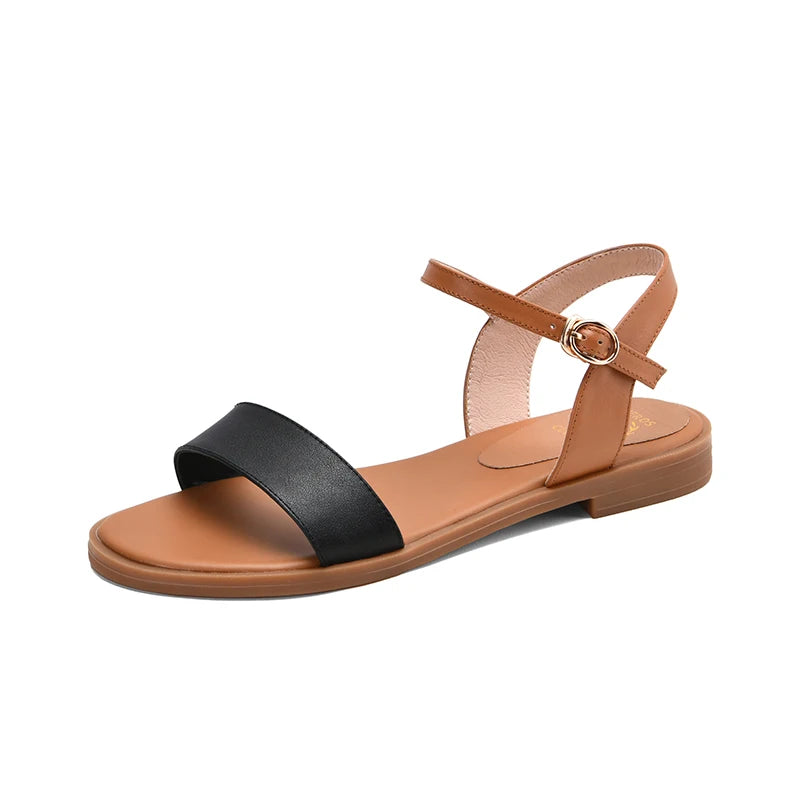 Meotina Women Shoes Flat Sandals Natural Genuine Leather Buckle Square Heel Shoes Cow Leather Sandals Female 2020 Big Size 43