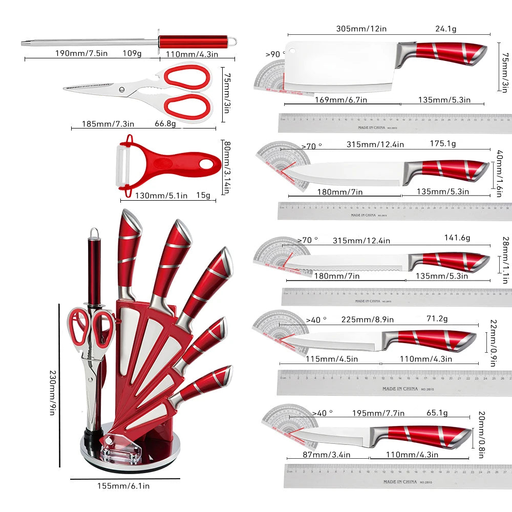 9Pcs Professional Chef Knife with Rotatable Block,Non Stick Sharp Stainless Steel Kitchen Knife Set with Sharpener for Home Cook