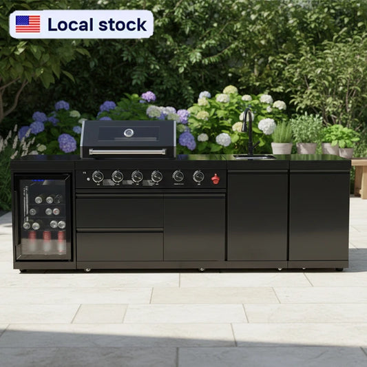 US Overseas Warehouse 304 Stainless Steel Outdoor Kitchen BBQ Island All in One Cooking Station with Fridge & Sink